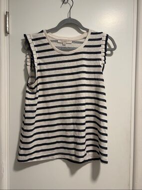 LOFT Navy and Cream Striped Ruffle-Sleeve Tank - Medium